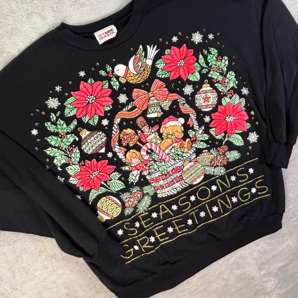 Nut Cracker Sweatshirt Women's Medium Black Glitter Seasons Greetings Christmas